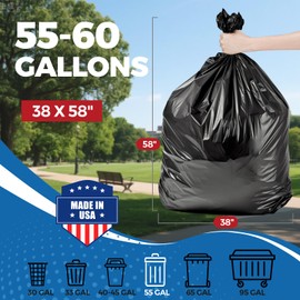 Fuxury 55-60 Gallon Extra Large Trash Bags, 100 Count Black Garbage Bags, 23 Mic Thick, 38x58 in, Star-Seal Bottom, Plastic Bags Ideal for Home, Yard & Commercial Use, Made in USA