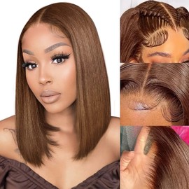 FJsuprise 14 Inch Chocolate Brown Bob Wig Lace Front Wig Human Hair Wear and Go Glueless 13x4 Lace Frontal Bob Wigs Pre Plucked 180% Density Straight Bob Wigs for Women Natural Hairline #4 Color