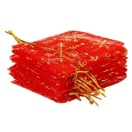 TEXASDELUXE Red Gold Snowflake Small Organza Bags with Drawstring 2x3 100 pack Tiny Small Drawstring Bags 2x3 for Party Wedding Goodies Candies & Jewelry