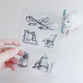 WooYangFun Montain Waterfall Chair Flower Bottle Vast Clear Stamp for Card Making Decoration and Scrapbooking,