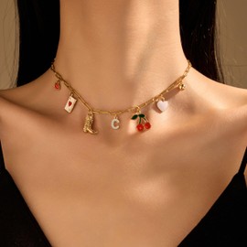 Frodete Gold Charm Necklace for Women Initial Necklaces for Women Cherry Western Charm Letter A-Z Choker Necklace Jewelry for Women Christmas Gifts Stocking Stuffers