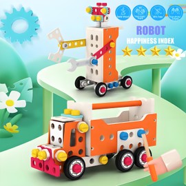 timstste Kids Tool Set 138 PCS Wooden Toddler Toys Truck Robot Crane and 100+ Shaping Toys STEM Toy for 3 4 5 6 8 Years Old Boys Girls DIY Learning Developmental Construction Toys