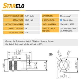 STARELO 5pcs 16mm Momentary led Push Button Switch Silver Shell, IP65 Waterproof Push Button Switch,1NO 1 NC with Wire Socket Plug,Self-resetting with LED(Blue).