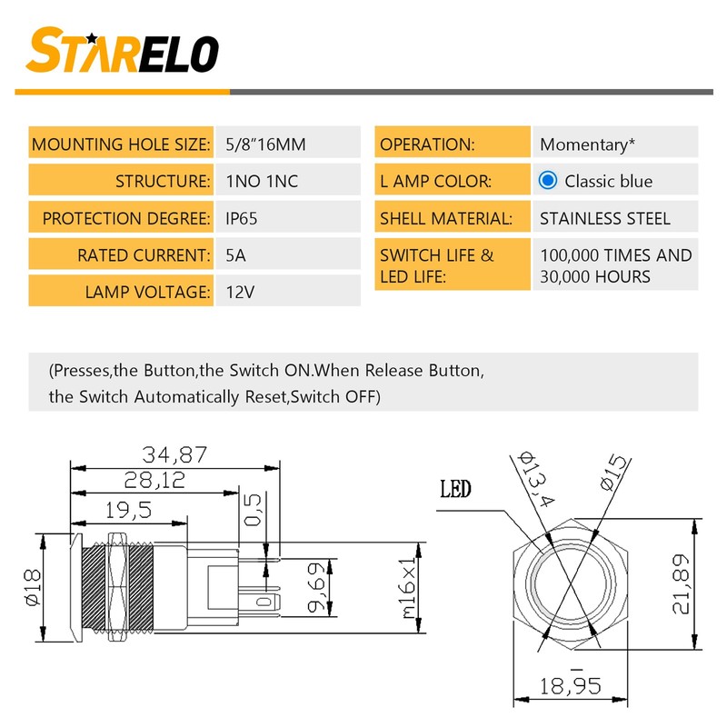 STARELO 5pcs 16mm Momentary led Push Button Switch Silver Shell,