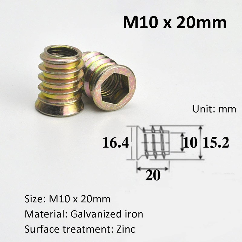 AcbbMNS 20Pcs M10 x 20mm Threaded Inserts Nuts Furniture Screw