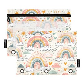 MNSRUU Pencil Pouch for 3 Ring Binder, Rainbow Illustration Zipper Pouch 3 Ring Bags Clear Window Large Binder Pouches Holes for School Office, Set of 2