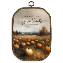 nvucamd Vintage Fall Christian Pumpkin Wall Art Decor Framed, Farmhouse Fall Bible Octagon Canvas Prints Wall Art, In Everything Give Thanks Hanging Decor for Bathroom Living Room Church, 10.2x7In