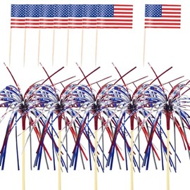JIHUOO 200 Pcs American USA Flag Toothpicks 4th of July Cocktail Picks Firework Cupcake Toppers Patriotic Cocktail Skewers Sticks Drink Food Picks Independence Day Decorations