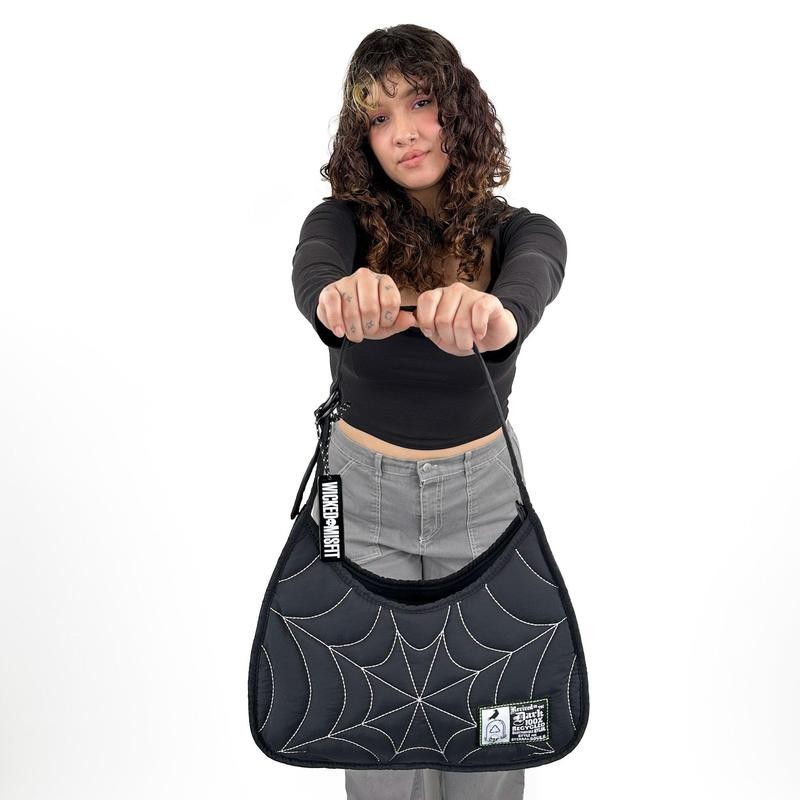 Recycled Nylon Spiderweb Puff Shoulder Bag By Wicked Misfit:_Black with