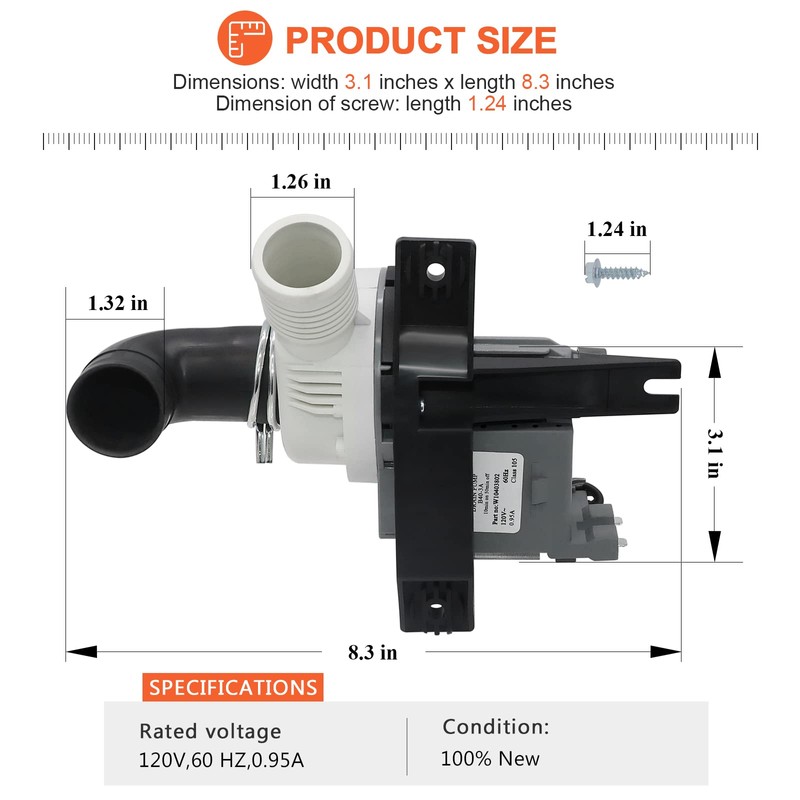 Beaquicy W10403802 Washer Drain Pump Replacement for Whirl-pool May-tag Ken-more