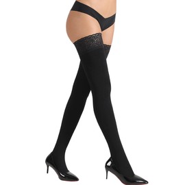 DORALLURE Fleece Lined Thigh High Stockings for Women Opaque Lace Top Thermal Pantyhose Tights