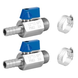 2Pack 1/2" Hose Barb to 1/2" NPT Male Mini Ball Valve 304 Stainless Steel Shut Off Valve with Clamps Kit for Air Water Fuel Gas (1/2" Barb x 1/2" NPT Male)