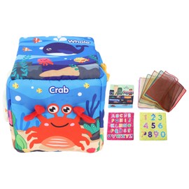 Baby Tissue Box Toy Cute Cartoon Early Educational Soft Stuffed Sensory Toys with 8 Scarves 3 Tissues for Infants Toddlers Christmas Shower Gifts Ocean