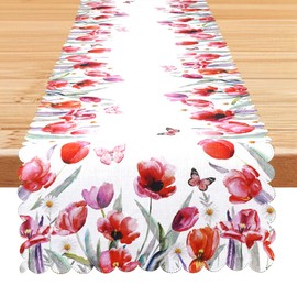 SHANGRLA Spring Floral Table Runner with Red Tulip and Butterfly Design – Elegant Spring and Summer Table Décor, Scalloped Edges for Dining and Coffee Table Centerpiece Decoration – 90 Inches Long