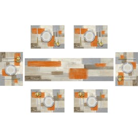 Emvency Farmhouse Table Runner and Placemats Set of 6, Cotton-Linen Modern Orange and White Painting Art Dining Table Decor for Daily Use(1 Table Runner 72 inches Long and 6 Placemats)