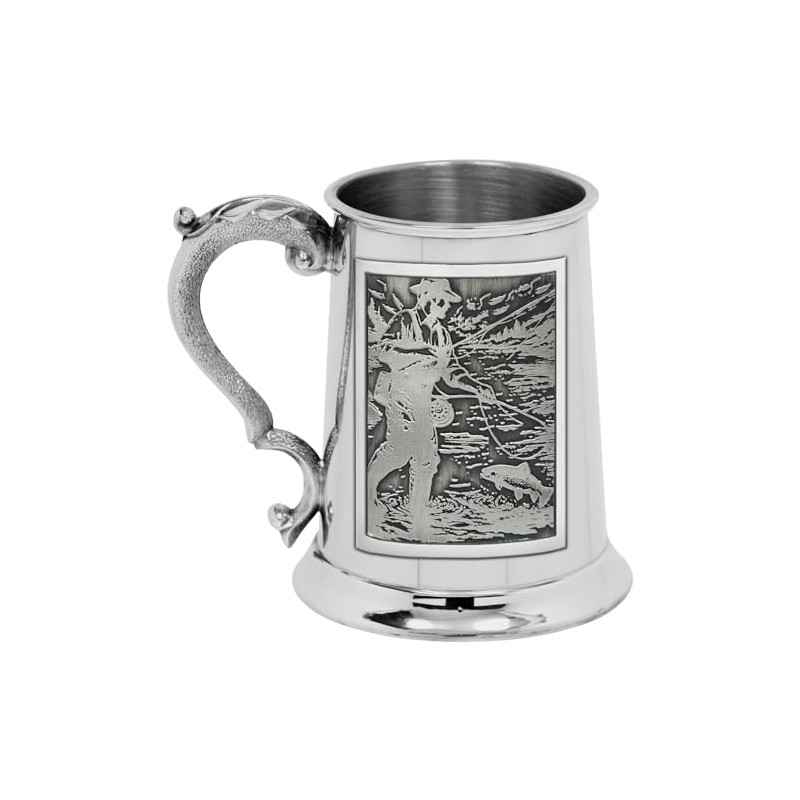 English Pewter Company 1pt Straight Embossed Fishing Pewter Badge Tankard