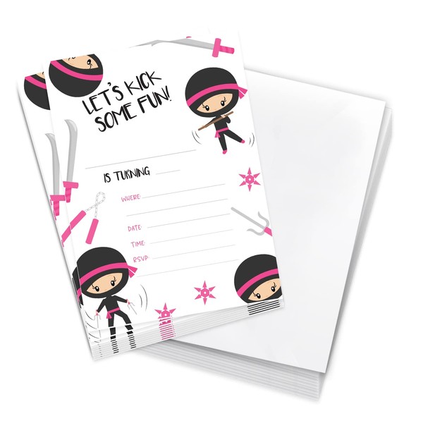 Desert Cactus Ninja Girl Style 3 Happy Birthday Invitations Invite Cards (10 Count) With Envelopes Boys Girls Kids Party (10ct)