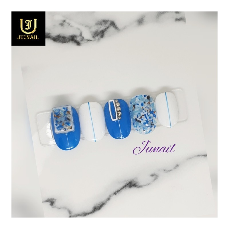 Blue White Mother of Pearl Handmade Nail Tips - Long