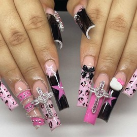 IMRAIN Long Press on Nails Square Fake Nails Pink Black French Tips Nails with Cute Charms & Diamonds Cross Designs Y2K Star Glossy Glue on Nails Full Cover Squoval Artificial Stick on False Nails
