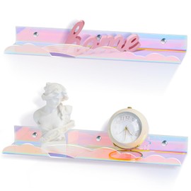 wooshwa Iridescent Rainbow Acrylic Floating Shelves,15in Kids Wall Mounted Nursery Bookshelves, Display Ledge for Books Toys Cosmetic, Bathroom Bedroom Living Room Wall Decor and Storage, 2 Pack