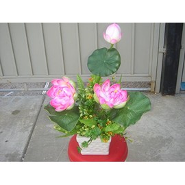 Plastic Artificial Lotus Flower with White Square Procelain Pot