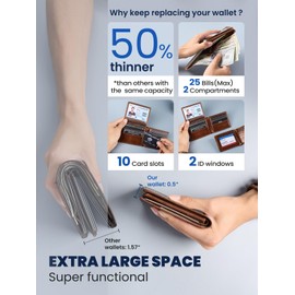 VMAN AirTag Wallet for Men, Full Grain Leather Mens Wallet with AirTag Holder, Bifold Flip ID Window Wallets up to 12-13 Cards, RFID Blocking, Vintage Brown