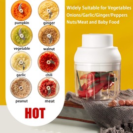 Electric Mini Food Chopper,250ML Portable Garlic Chopper with USB Charging Function, Mini Food Slicer for Onion Vegetables Chili Ginger Meat Nuts Fruits Salad (White)