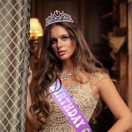 ACO-UINT Birthday Crown for Women, Purple Rhinestone Tiara with BIRTHDAY GIRL Sash, Perfect for Birthday Parties