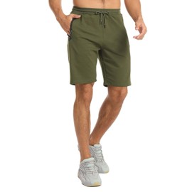 JustSun Men's Cotton Sports Shorts with Zip Pockets, Army Green