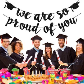 2024 Graduation Banners Party Decorations, Black Glitter We are So Proud of You Graduation Banners Garland for Congratulation Graduation Party Supplies, School, Home, Car Decorations