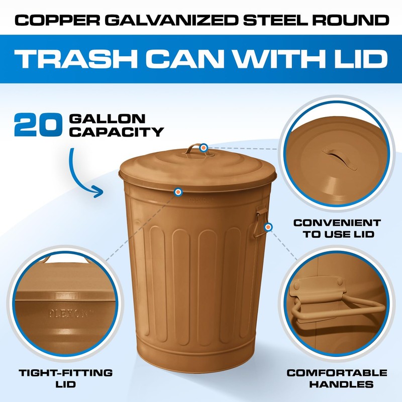 Plexon Round Trash Can 13 Gallon, Vintage Metal Outdoor Trash
