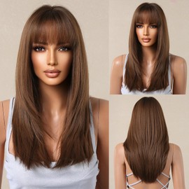 testar Brown Wig With Bangs,Shoulder Length Straight Wigs For Women,Medium Length Dark Brown Wig,Synthetic Layered Wig Natural Looking Wigs For Daily Party Use 22IN…