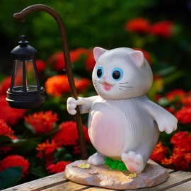 NATASE Solar Garden Outdoor Statues Cat with LED Solar Lantern Figurine for Lawn,Patio, Balcony, Yard Decor Unique Housewarming Gift,Mother's Day Gift for Mom, Grandma,Father,Woman