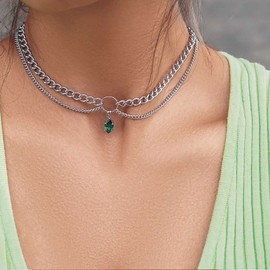 Inilbran Boho Layered Emerald Necklace Choker Vintage Green Crystal Necklace Teardrop Emerald Gemstone Choker Necklace Silver Curb Chain Necklace Jewellery for Women and Girls