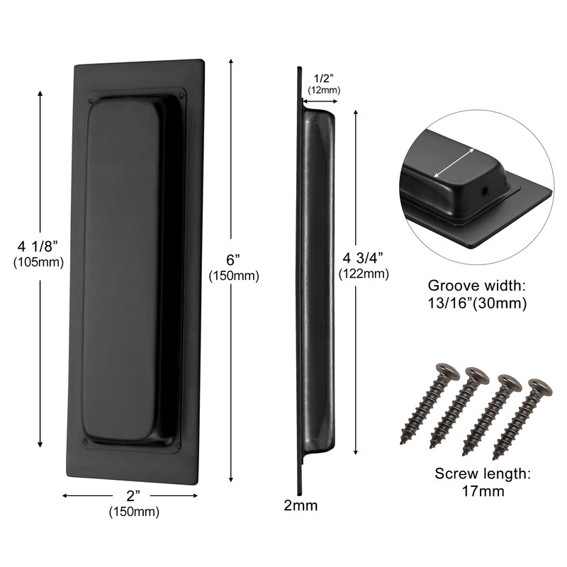 Kindoodos Recessed Door Handles Finger Flush Pulls, 6 Inch Black