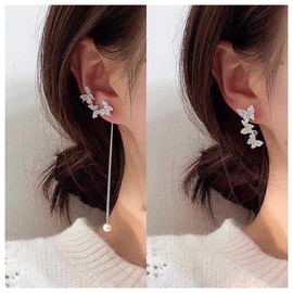 Andelaisi Boho Crystal Butterfly Earrings Vintage Rhinestone Butterfly Long Drop Earrings Long Pearl Tassel Chain Earrings Sparkly Cz Butterfly Asymmetrical Earrings Jewelry for Women