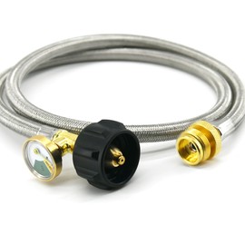 Rixordd 6 Feet Stainless Steel Braided Propane Hose Adapter with Pressure Gauge – 1lb to 20lb Tank Compatibility, Heavy-Duty for Outdoor Heaters, Grills & Camping Stoves