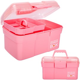 TERGOO 11in Mutipurpose Storage Box Organizer with Removable Tray, Portable Small Craft Organizer with Handle, Plastic Clear Tool Box Art Case for Makeup, Sewing, Nail, Hair Accessories (Pink)
