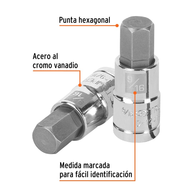 Truper D-1241-9/16, Dado de punta hexagonal std, 9/16", cuadro 1/2"