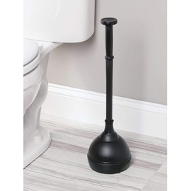 mDesign Plastic Toilet Plunger with Lift & Lock Cover Set, Compact Discreet Freestanding Storage Caddy Holder for Bathroom, Powder Room, Modern Design - Heavy Duty - Hyde Collection - Black
