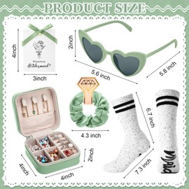Wavwavw 8 Pcs Bridesmaid Gift Set Bridesmaid Proposal Gift for Hair Claws Heart Glasses Socks Clips Greeting Cards Hair Scrunchies Glass Cups Jewelry Box Wedding Favor(Green)