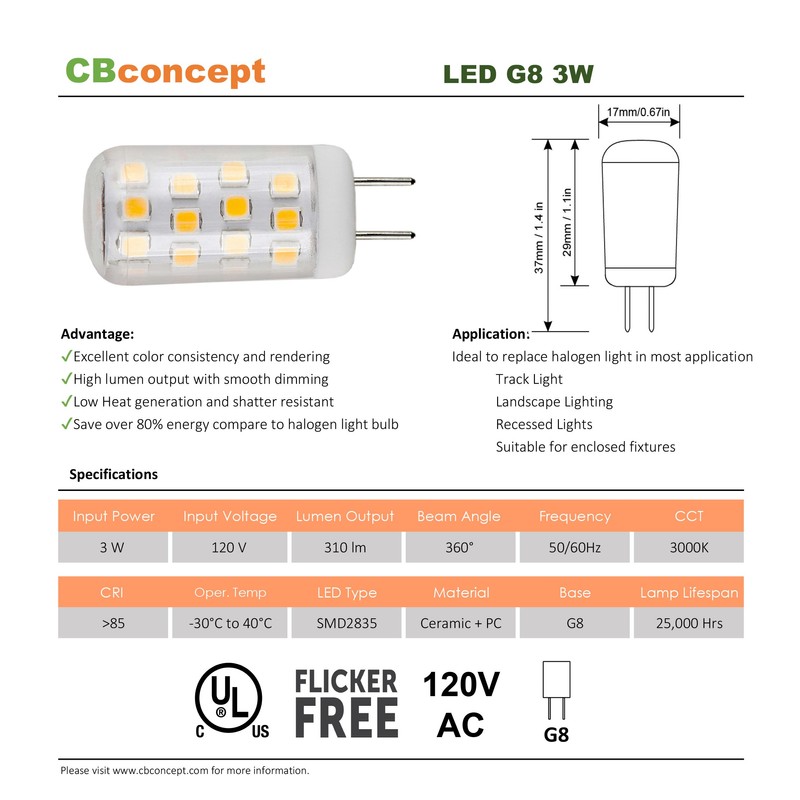 CBconcept UL Listed, 5 Pack, G8 LED Light Bulb (Standard