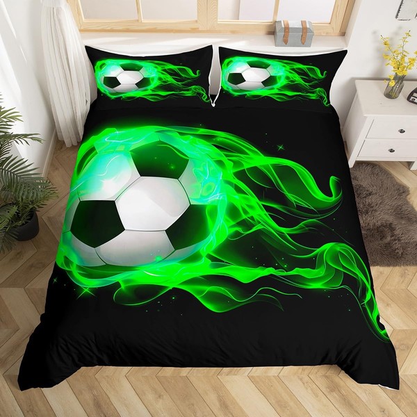 Manfei American Football Duvet Cover Set Green Flame Soccer Bedding