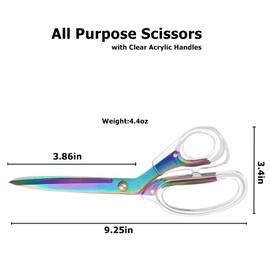 All Purpose Scissors with Acrylic Clear Handles,9inch Multipurpose Shears with Sharp Blades and Comfort Grip Handles for Office, Home, Sewing,Fabric and Crafts,Colorful Blade