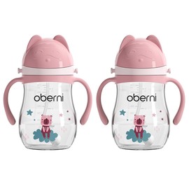 Oberni Tritan Baby Sippy Cup with Spill Proof Weighted Straw and Carrying Strap for 6 + Months Newborn, 12+ Months Infant Toddler Water Drinking Training (Pink, 9oz, 2Pack)