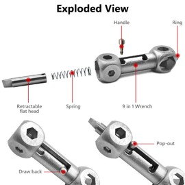 Mini Multi Socket Wrench Package Opener with Pry Bar & Spring for Box Cutter, Keychain Tool Pocket and Backpack Tool, Stainless Steel (SAE 1/4" -5/8")