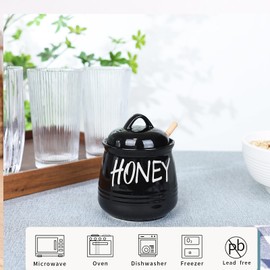 HAOTOP Porcelain Honey Jar with Lid and Honey Dipper 12 oz (Black)