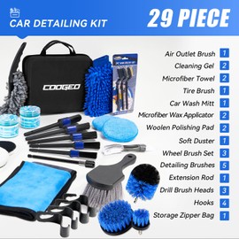 COOGEO 29Pcs Car Detailing Kit,Compelete Car Cleaning Kits Interior Cleaner with Detailing Brushes,Drill Brush Heads,Car Wash Kit with Cleaning Gel,Wash Mitt,Car Hooks,Car Care Gift for Men