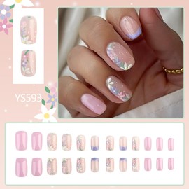 Spring Press on Nails Short Square Fake Nails with Flower Design Pink Purple French tips False Nails Full Cover Glossy Summer Nails Floral Nails for Women Girls Manicure 24pcs