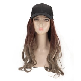 Baseball Cap Wig Women Fashionable Adjustable Hat Synthetic Long Wavy Wig Dark Brown Gradient Aoki Gray